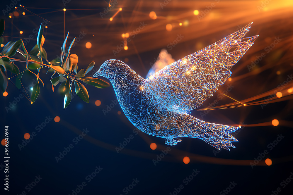 Poster a digital wireframe polygon illustration of a dove holding an olive branch, featuring intricate line