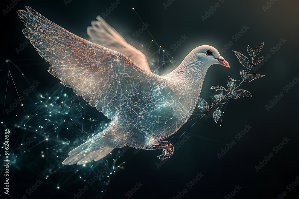 Poster a digital wireframe polygon illustration of a dove holding an olive branch, featuring intricate line