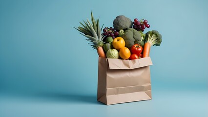 Paper bag filled with fresh produce on a blue background.