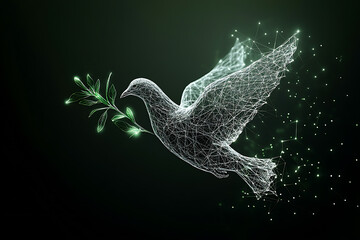 A digital wireframe polygon illustration of a dove holding an olive branch, featuring intricate lines and points in a technological style.
