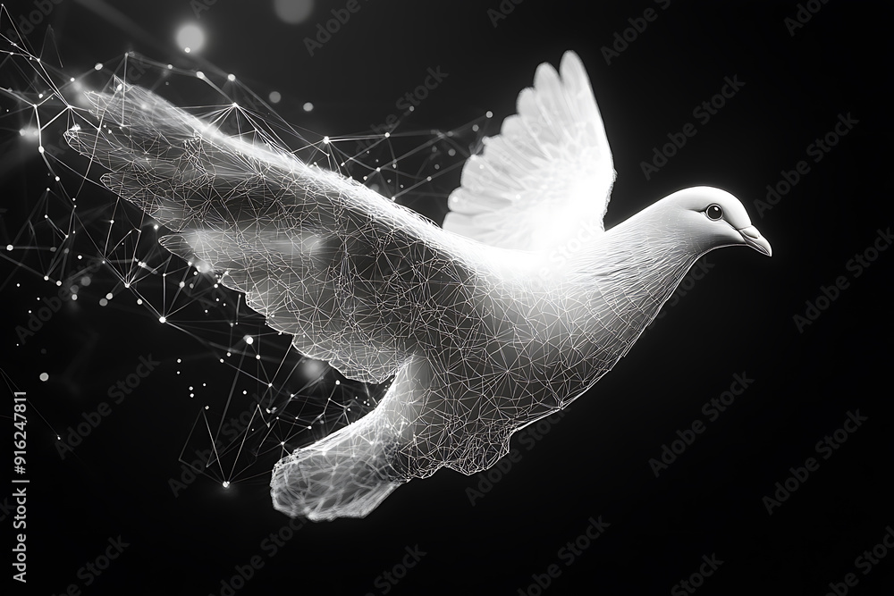 Poster a digital wireframe polygon illustration of a dove holding an olive branch, featuring intricate line