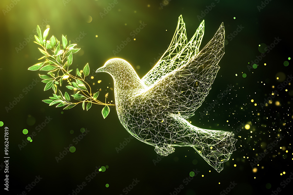 Poster a digital wireframe polygon illustration of a dove holding an olive branch, featuring intricate line