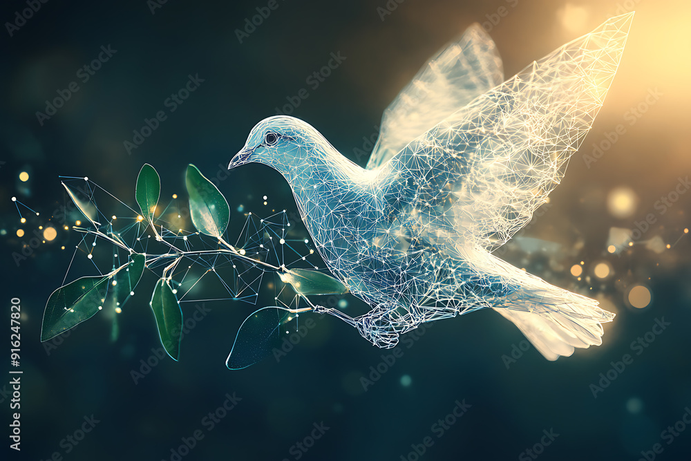 Poster a digital wireframe polygon illustration of a dove holding an olive branch, featuring intricate line
