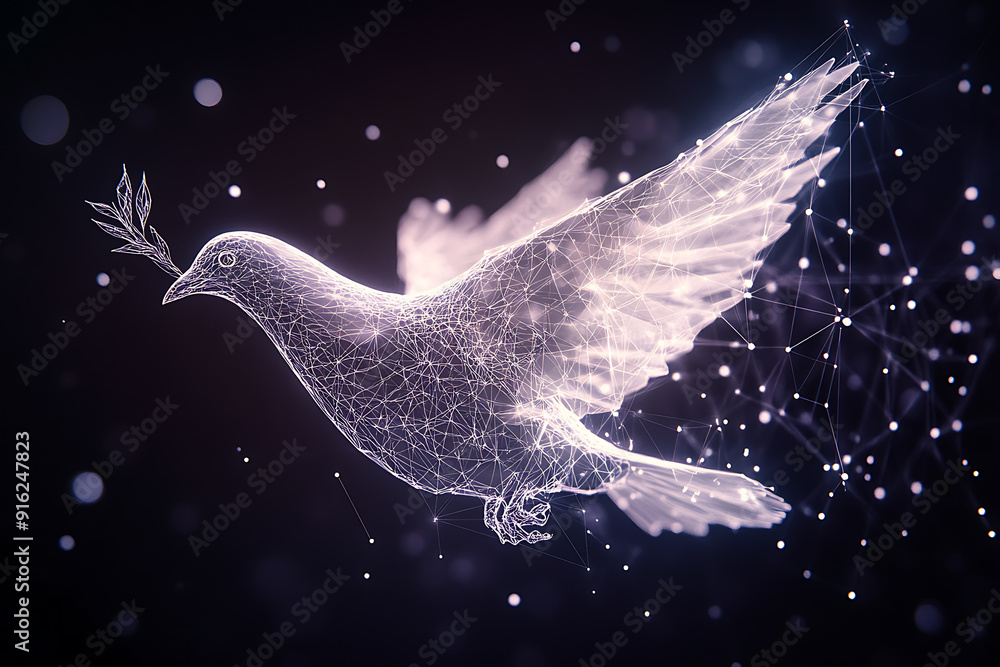 Poster a digital wireframe polygon illustration of a dove holding an olive branch, featuring intricate line