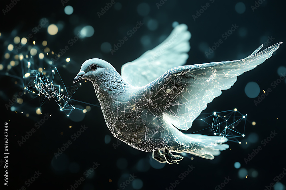 Poster a digital wireframe polygon illustration of a dove holding an olive branch, featuring intricate line