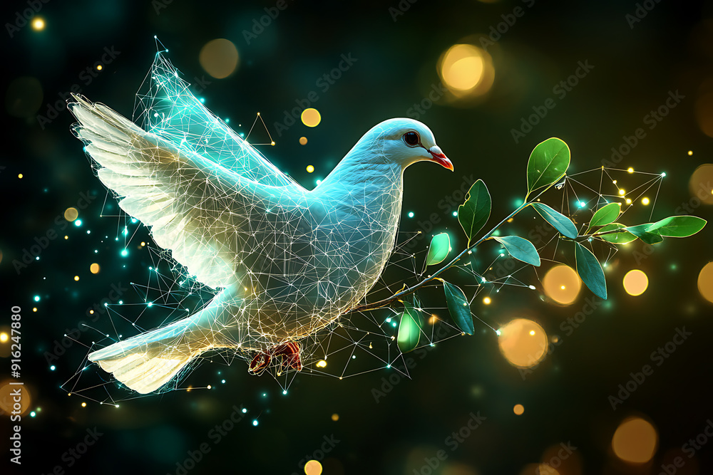 Poster a digital wireframe polygon illustration of a dove holding an olive branch, featuring intricate line