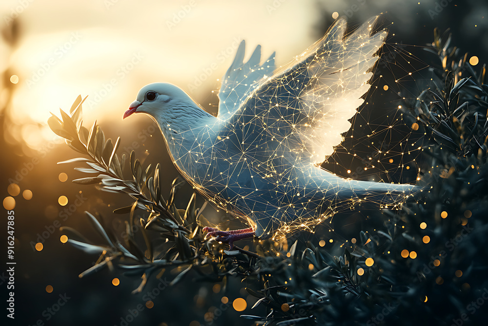 Poster a digital wireframe polygon illustration of a dove holding an olive branch, featuring intricate line
