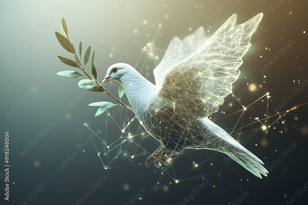 Poster a digital wireframe polygon illustration of a dove holding an olive branch, featuring intricate line