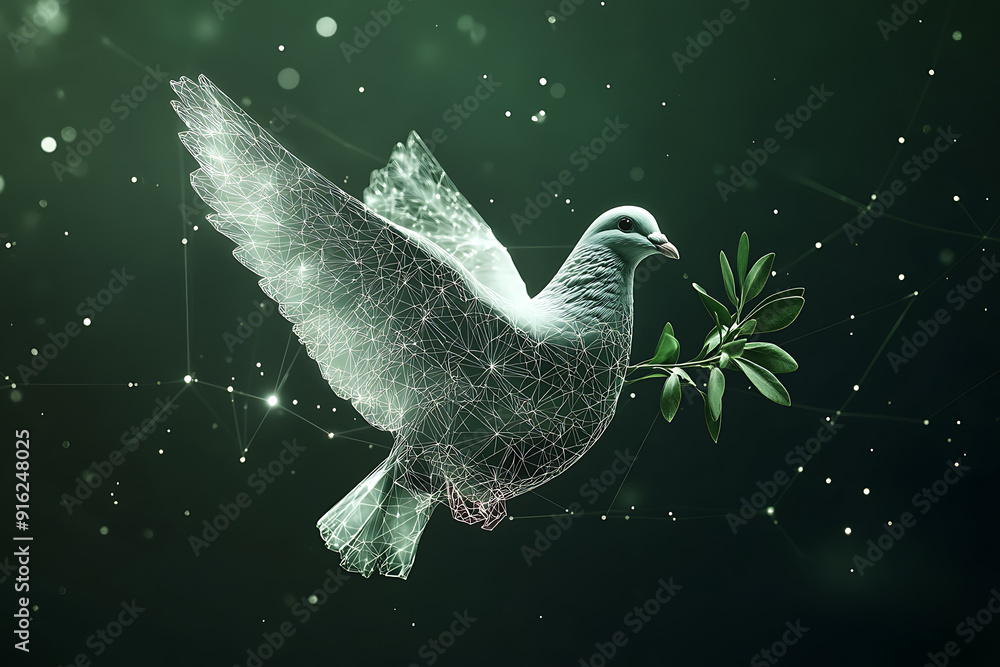 Poster a digital wireframe polygon illustration of a dove holding an olive branch, featuring intricate line