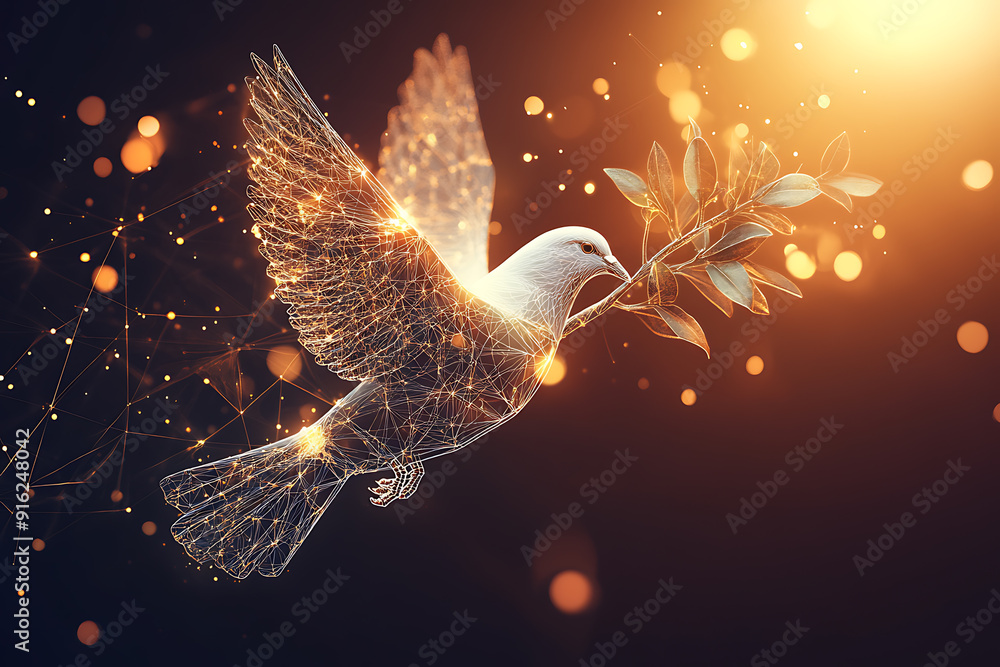 Poster a digital wireframe polygon illustration of a dove holding an olive branch, featuring intricate line