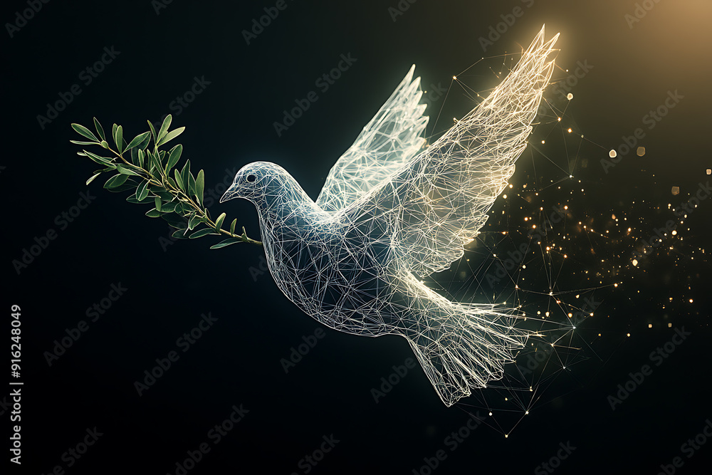 Poster a digital wireframe polygon illustration of a dove holding an olive branch, featuring intricate line