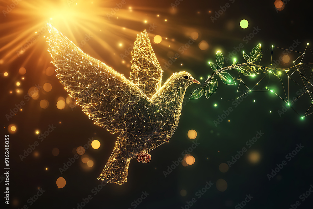 Poster a digital wireframe polygon illustration of a dove holding an olive branch, featuring intricate line
