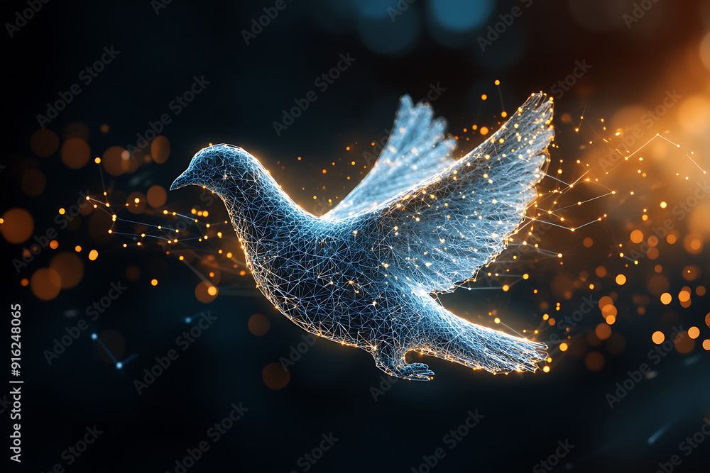 Poster a digital wireframe polygon illustration of a dove holding an olive branch, featuring intricate line