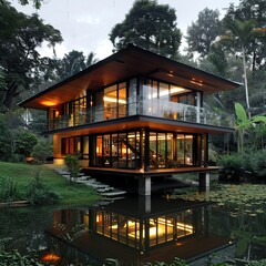 Fototapeta premium Stylish Elevated Timber House with Glass Walls and Elegant Finishes