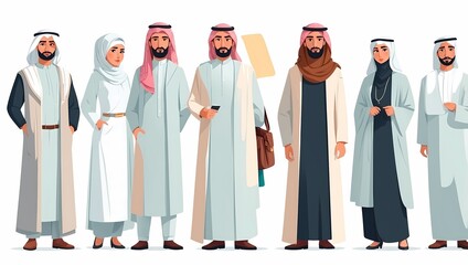 Diverse group of Arabic people in traditional clothing.