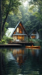 Modern A-Frame Cabin on Lake in Forest
