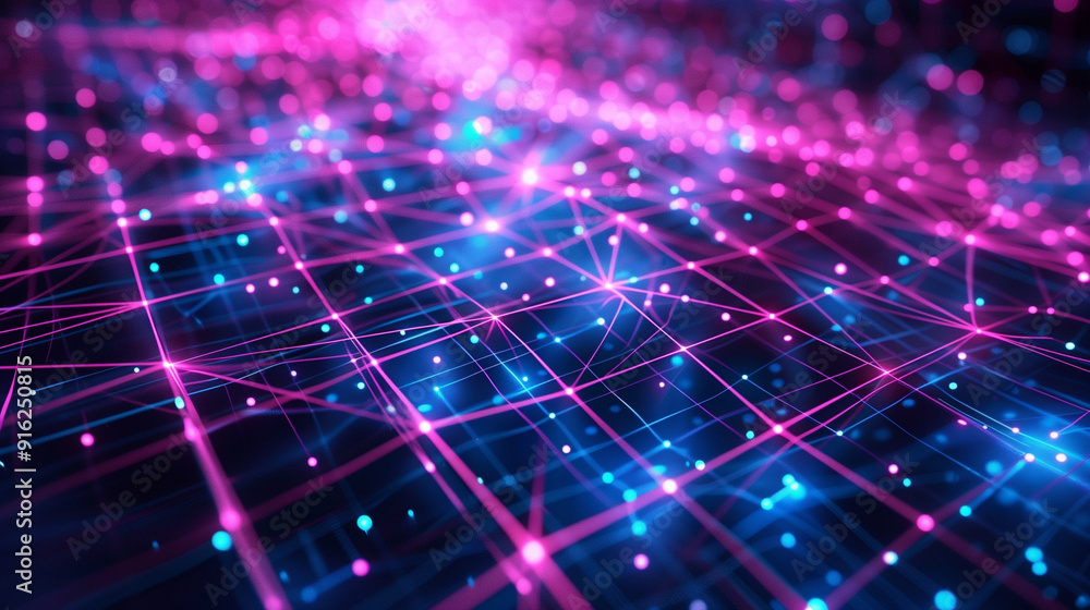 Poster high-tech background featuring a complex grid of glowing lines and nodes, digital tech wallpaper
