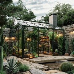 Stylish Glass Garden Room with Dark Green Structure and Succulent Collection