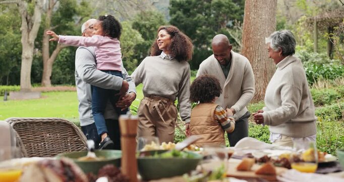 Generations, family and dancing in garden for lunch on thanksgiving with bonding, fun and happy. People, outdoor and home with smile for music with support, care and love with celebration or memories