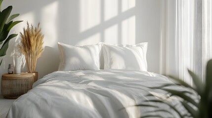 White pillowcase mockup on a light grey bed, with subtle highlights and minimalist decor