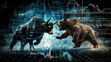 Depict a bull and bear facing off with stock charts showing volatile swings in the market