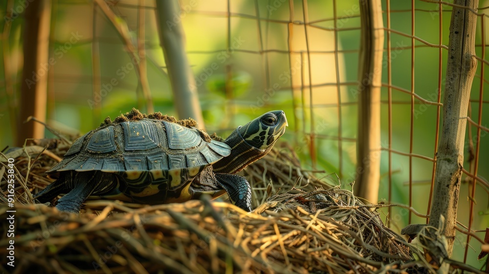 Poster turtle resting in sunlit nest with wire fence background