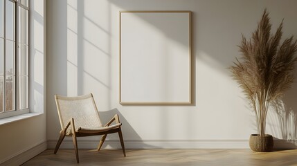 White poster mockup on a plain white wall with soft shadows and minimalistic design