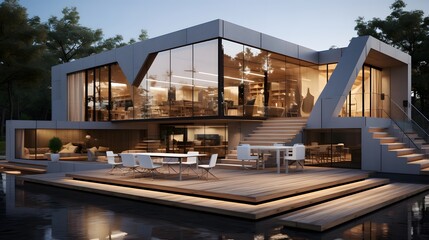 Fototapeta premium Elegant, minimalist house with clean lines and a tranquil poolside view