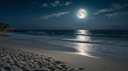 Moon light reflaction on the water and sand of the beach. 