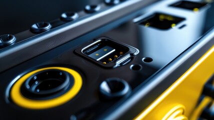 Fototapeta premium Close-up of shiny black and yellow electronic device with circuits