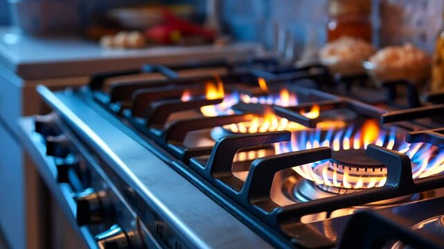 Gas Stove Burners Alight in Kitchen