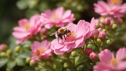  a bee on a pink rose. 