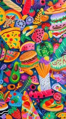 A vibrant collection of food illustrations showcasing burgers, pizza, and various fruits and desserts