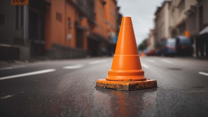  a street with several orange traffic cones in a row, a car in the background, and blurry lights.