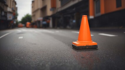  a street with several orange traffic cones in a row, a car in the background, and blurry lights.