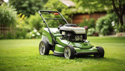 Fototapeta premium a green lawnmower sitting on a grassy lawn.