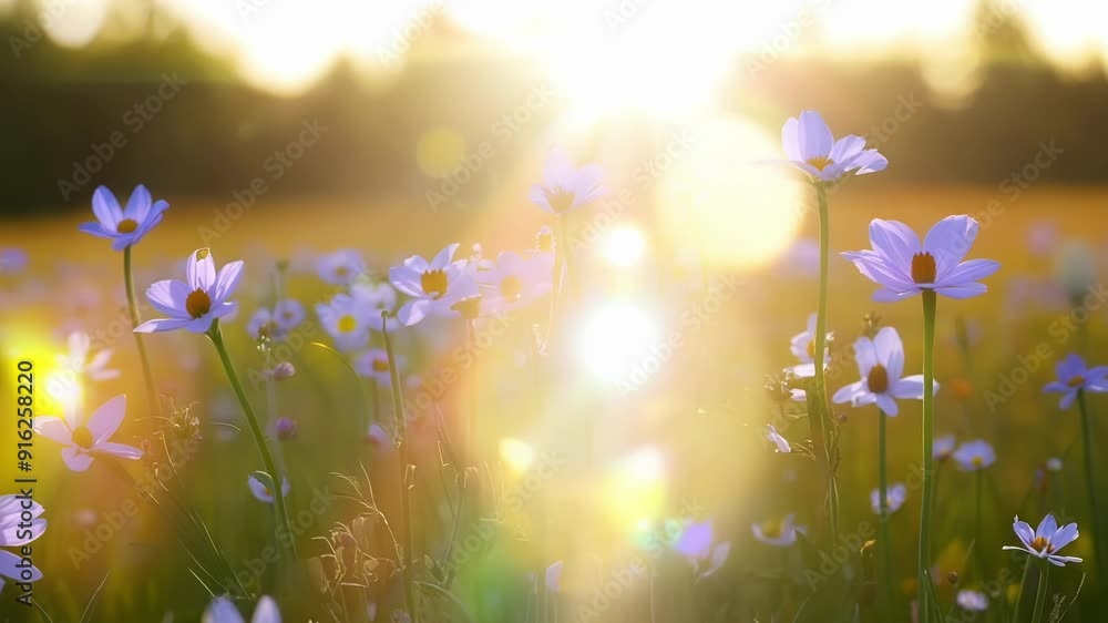 Poster rays of light filtering through the trees and casting enchanting lens flares over a meadow of vibran