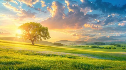 Obraz premium A lone tree stands in a field of wildflowers at sunset.