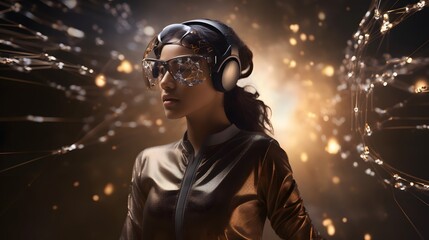 Woman wearing futuristic glasses in a high-tech environment for a modern and sci-fi inspired visual.