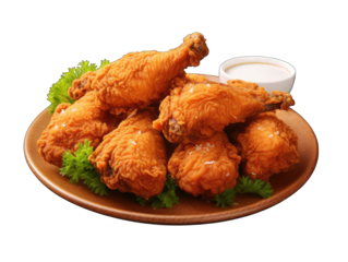 fried chicken delicious in plate isolated on transparent, white background