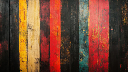 Abstract painting of vertical stripes with a grunge texture on a wooden background