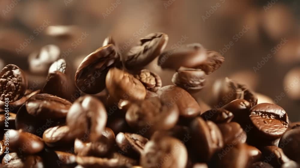 Poster Get a closeup view of the coffeemaking process with this intense super slow motion footage of coffee grounds and fresh beans exploding towards the camera.