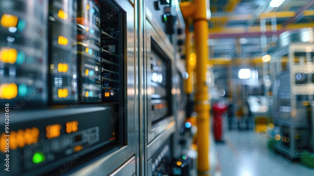 Poster brightly lit data center with numerous network servers and cables