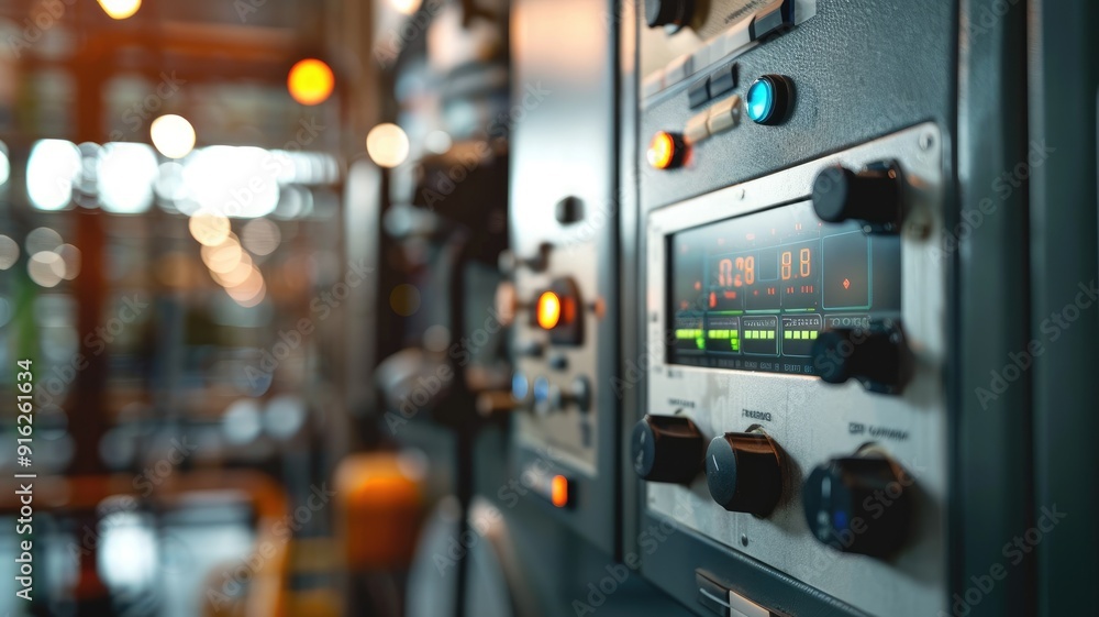 Poster industrial control panel with gauges and buttons in factory setting