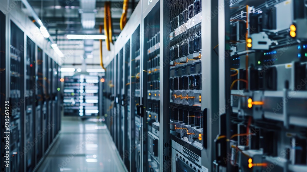Aufkleber modern data center with server racks and network cables