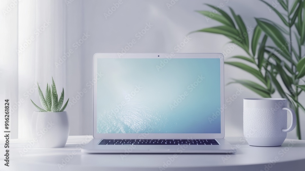 Poster minimalist workspace with ocean view