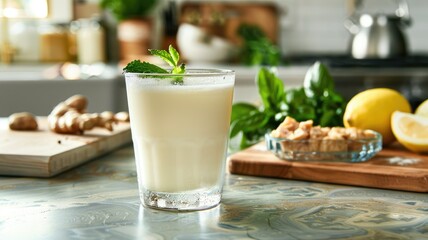 Creamy beverage in glass with mint leaf garnish, on kitchen counter fresh ingredients