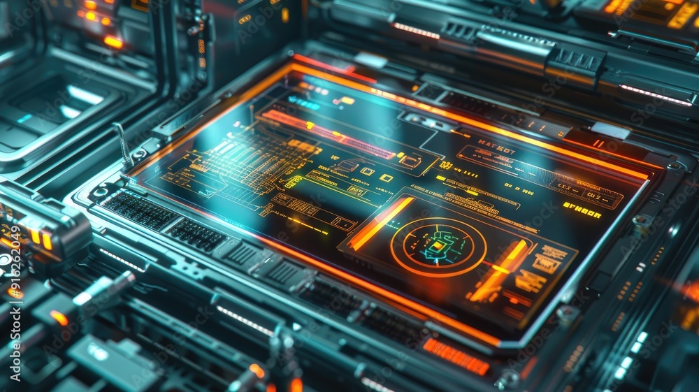 Poster futuristic digital interface with glowing neon elements in high-tech environment