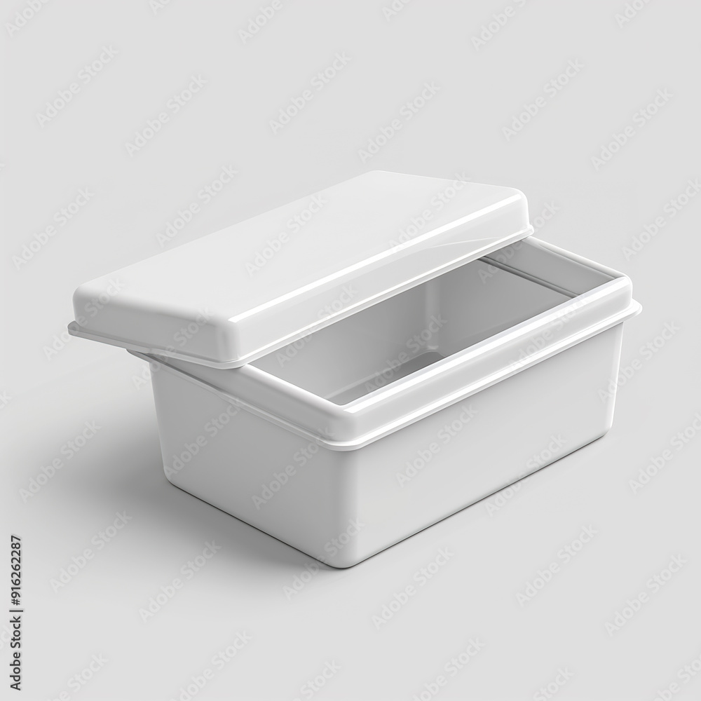 Poster white rectangular container with lid open.