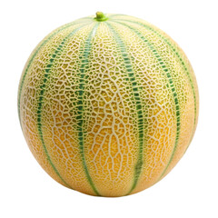 A large watermelon with green stripes and a green stem on transparent background